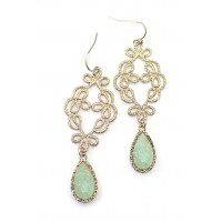 Chalcedony Green Pastel Teardrop Druzy Stone Filigree Earrings